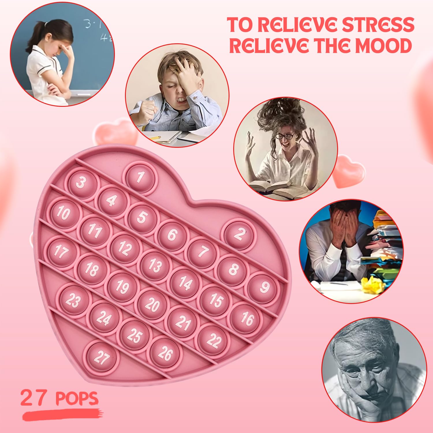 unitedessentialgoods Pink Heart Shaped Pop Bubble Valentines Fidget Toy with Letters and Numbers, Xmas Gift Sensory Toy with Alphabets Kids Birthday Party Classroom Prize Stress Reliever 5