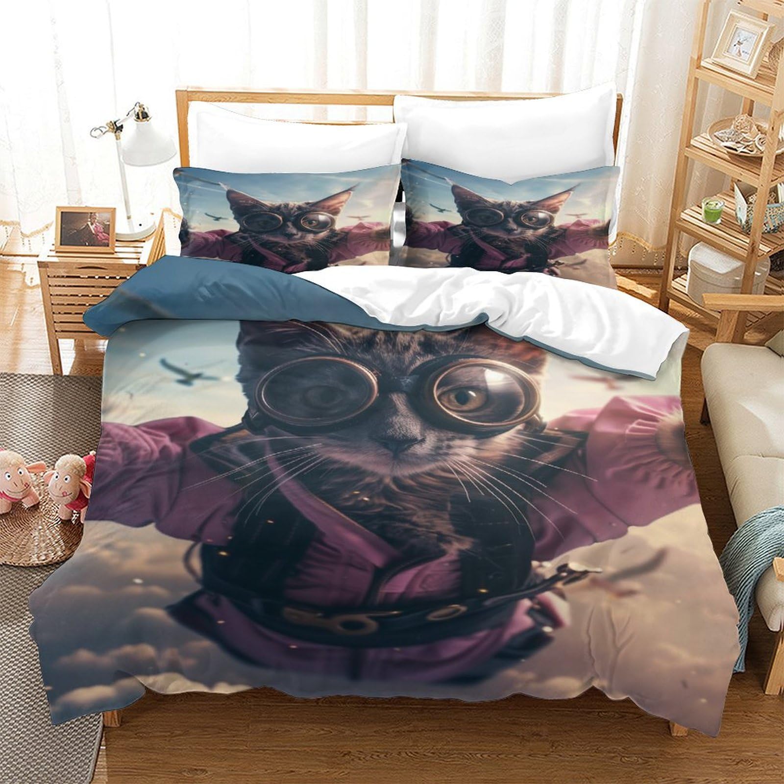 P1S9U7W5Y Aviator Cat Design 3D Printed Duvet Cover Set 3pcs Microfiber Cartoon Cat Bedding Set Super king（260x220cm）