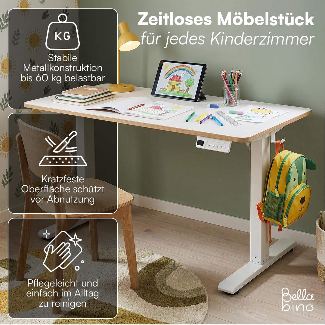 Bellabino Toro Kinderschreibtisch elektrisch höhenverstellbar – ergonomischer Schreibtisch für Kinderzimmer – Schülerschreibtisch ab 6 Jahren – LED-Höhenanzeige mit 3 Speicherplätzen & Kindersicherung