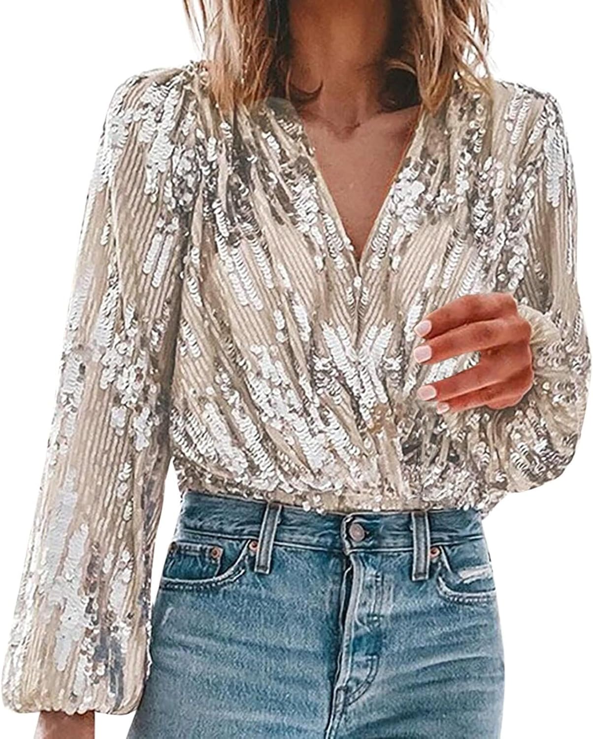 Sequin Crop Top Long Sleeve Wrap V Neck Blouse Casual Dressy Sparkle Top for Disco Concert Evening Party