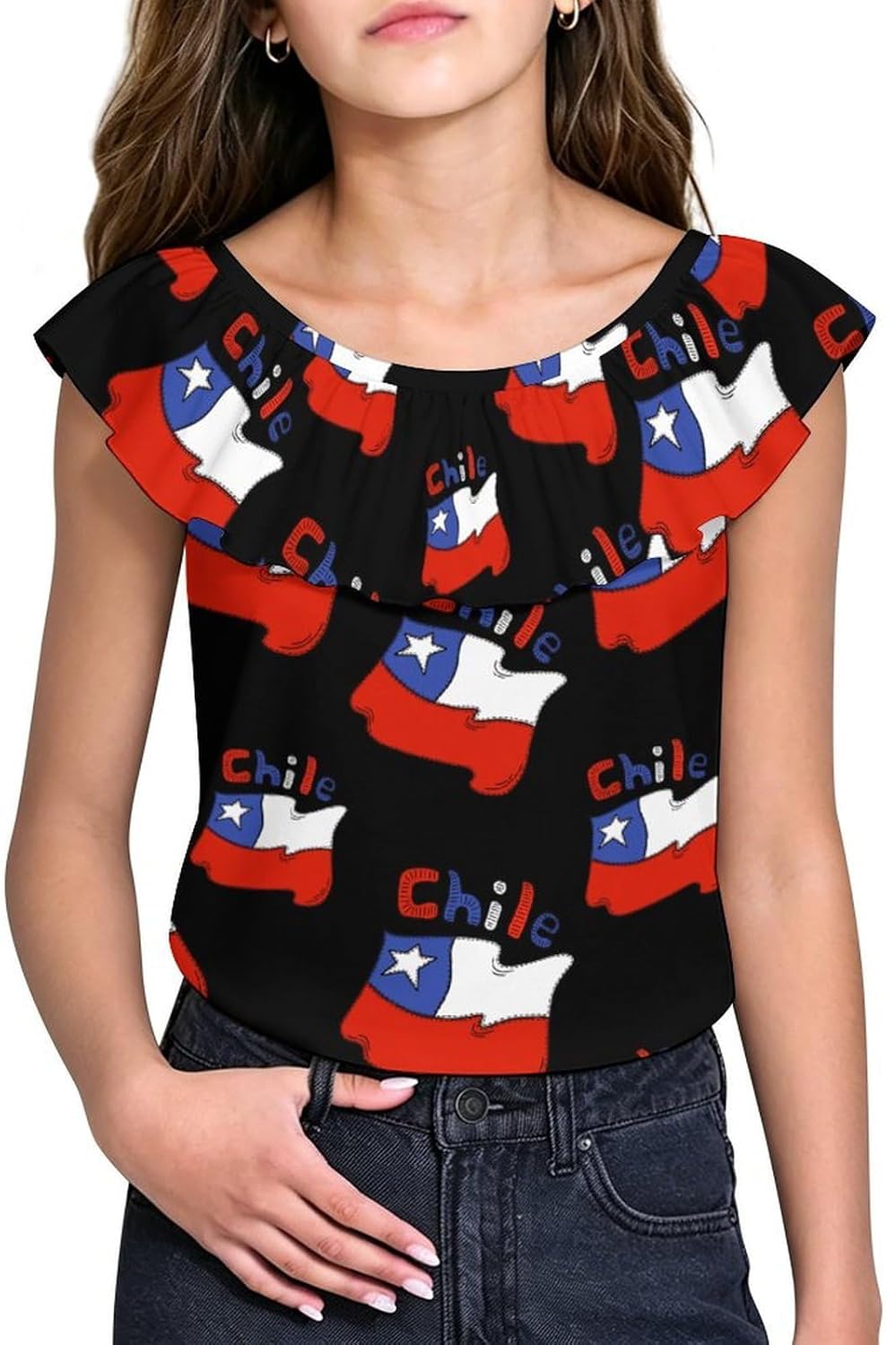 Chilean Flag Chile Girls T-Shirts Top Ruffle Short Sleeve Blouse Casual Graphic Tees