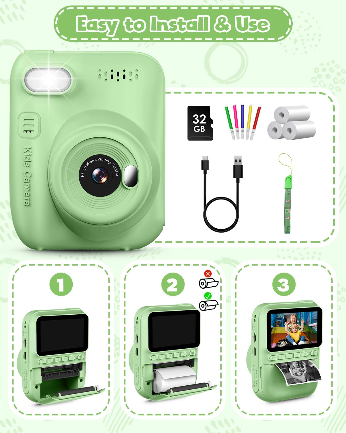 Kinderkamera Sofortbildkamera 3,0 Zoll 1080P Digitalkamera mit Druckerpapier & 32GB Karte für 3-10 Jahre (Grün)