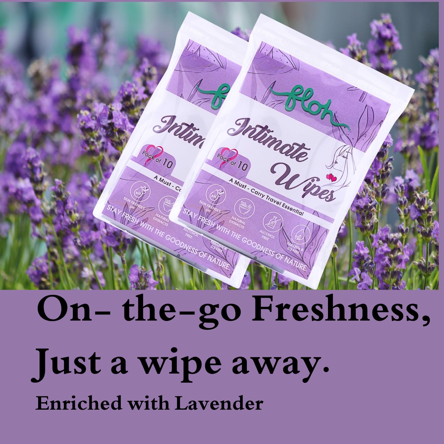 Floh Natural Women's Intimate Wipes | 100% Biodegradable, Sodium Hyaluronate, Sulphate Free Ladies Soft Wipes | Skin Friendly, pH Balanced Tea Tree Essential Oil Fragrance- (10 Count (Pack of 1), Lavender)