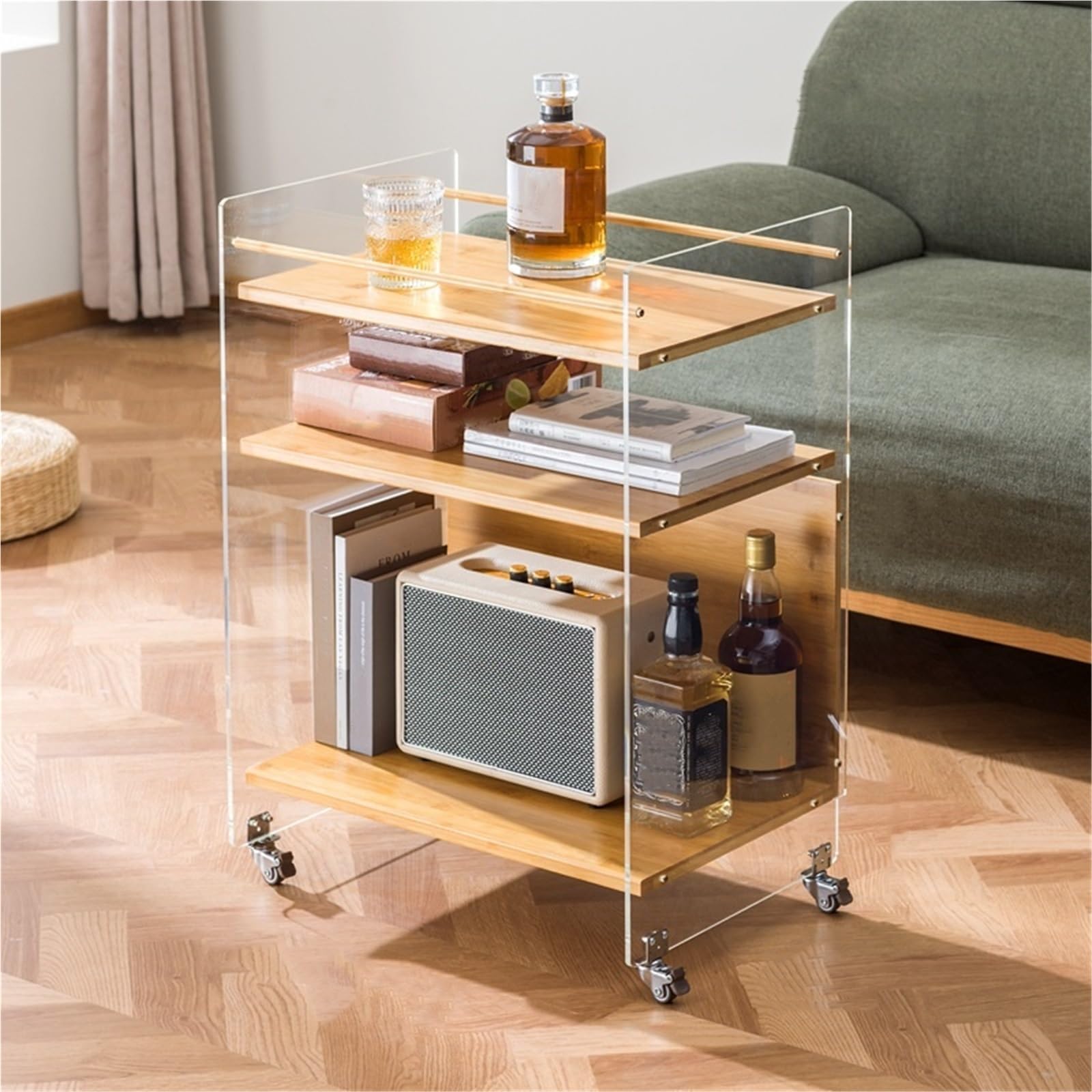 SXZenSpace 3 Tiers Side Table with Wheels Acrylic End Storage Shelf Small Coffee Nightstand Rack for Living Room Office,Ideal