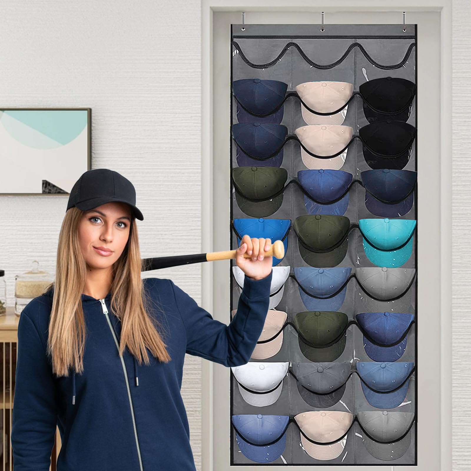 Porta Cappellini da Porta,Appendi Cappelli,Portas Cappelli Baseball Cap Holder con 27 Tasch,Portas Cappellini con Visiera per Riporre I Portacappelli da Baseball (Grigio)