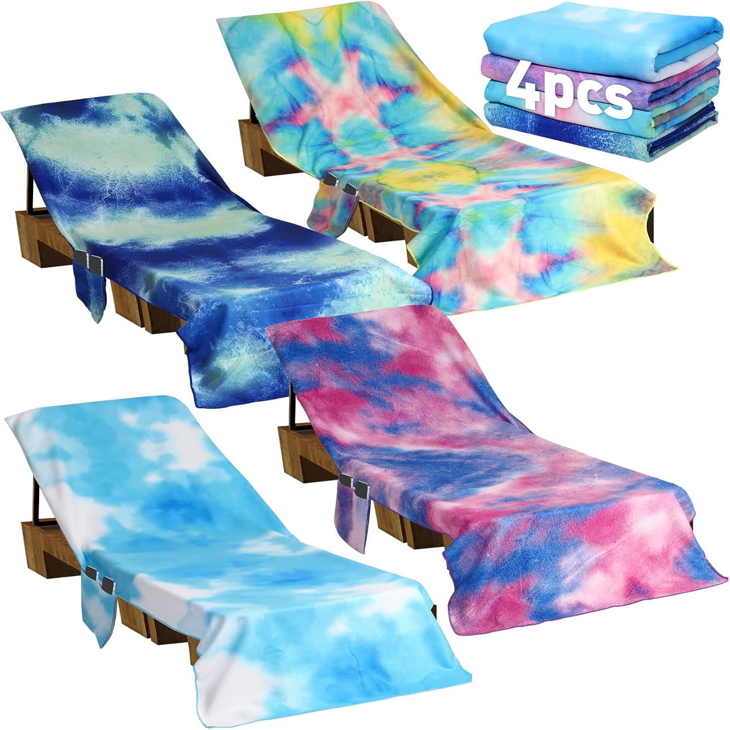 Oudain 4 Pcs Lounge Chair Towel Cover Beach Chair Cover with Side Pockets 82.3 x 29.5 Inch Pool Tie Dye Microfiber Chaise Lounge Towel for Sun Lounger Pool Sunbathing Outdoor Patio