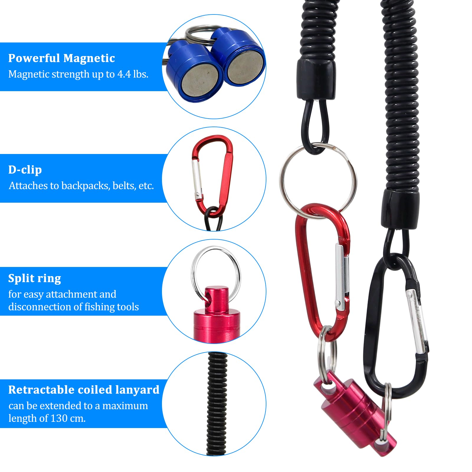 4 Pièces Libération de Filet Magnétique,Clip magnetique de pêche,Magnétique D'épuisette Boucle avec Mousqueton et Cordon enroulé pour Pêche Surf Randonnée L'alpinisme
