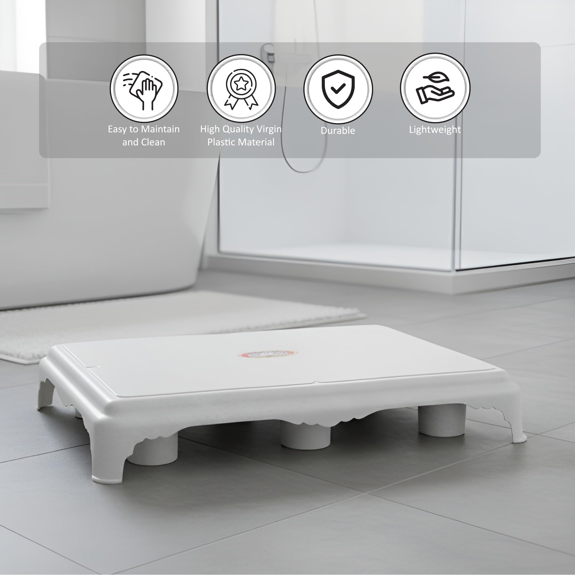 Nayasa Asan Patla Heavy Duty Plastic Stool | Multipurpose Bathroom & Kitchen Patla | Lightweight Anti-Skid Utility Stool with Wide Stable Base for Sitting, Bathing & Home Use | No.105, White 3