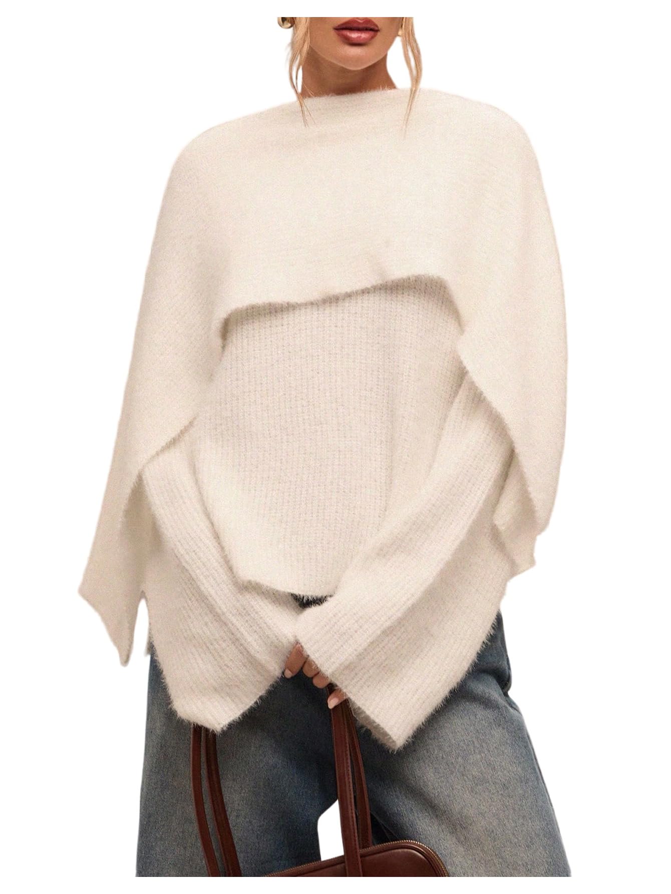 MakeMeChic Womens Y2K Fuzzy Long Sleeve Sweater Winter Tiered Plain Knitted Pullover Tops
