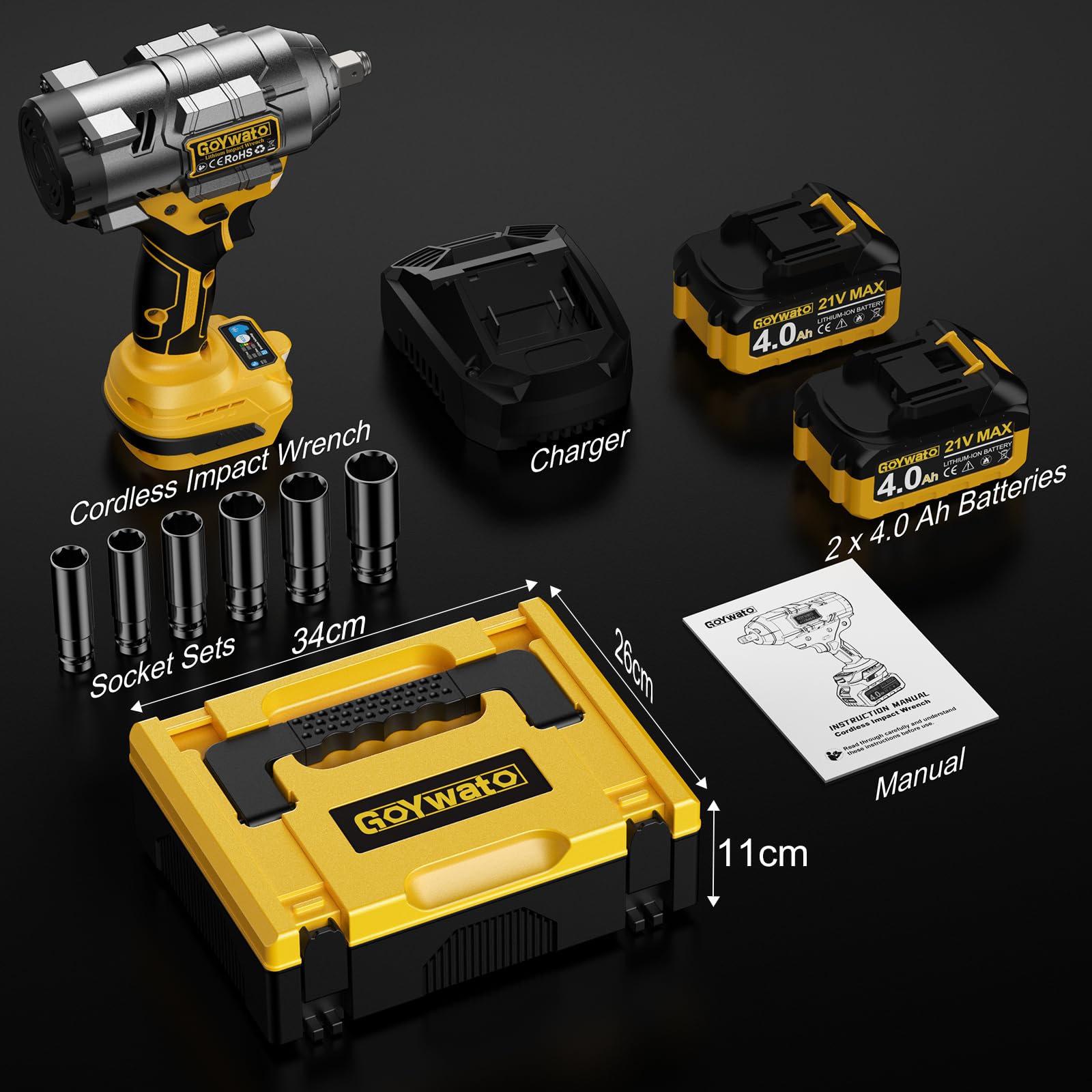 1490 Nm Avvitatore a Impulsi con 2 Batterie 4.0Ah & 6 Bussole, Giallo | 1/2'' Avvitatore ad Impulsi Brushless con Caricabatterie & LED Integrata, Ideale per Auto, DIY e Uso
