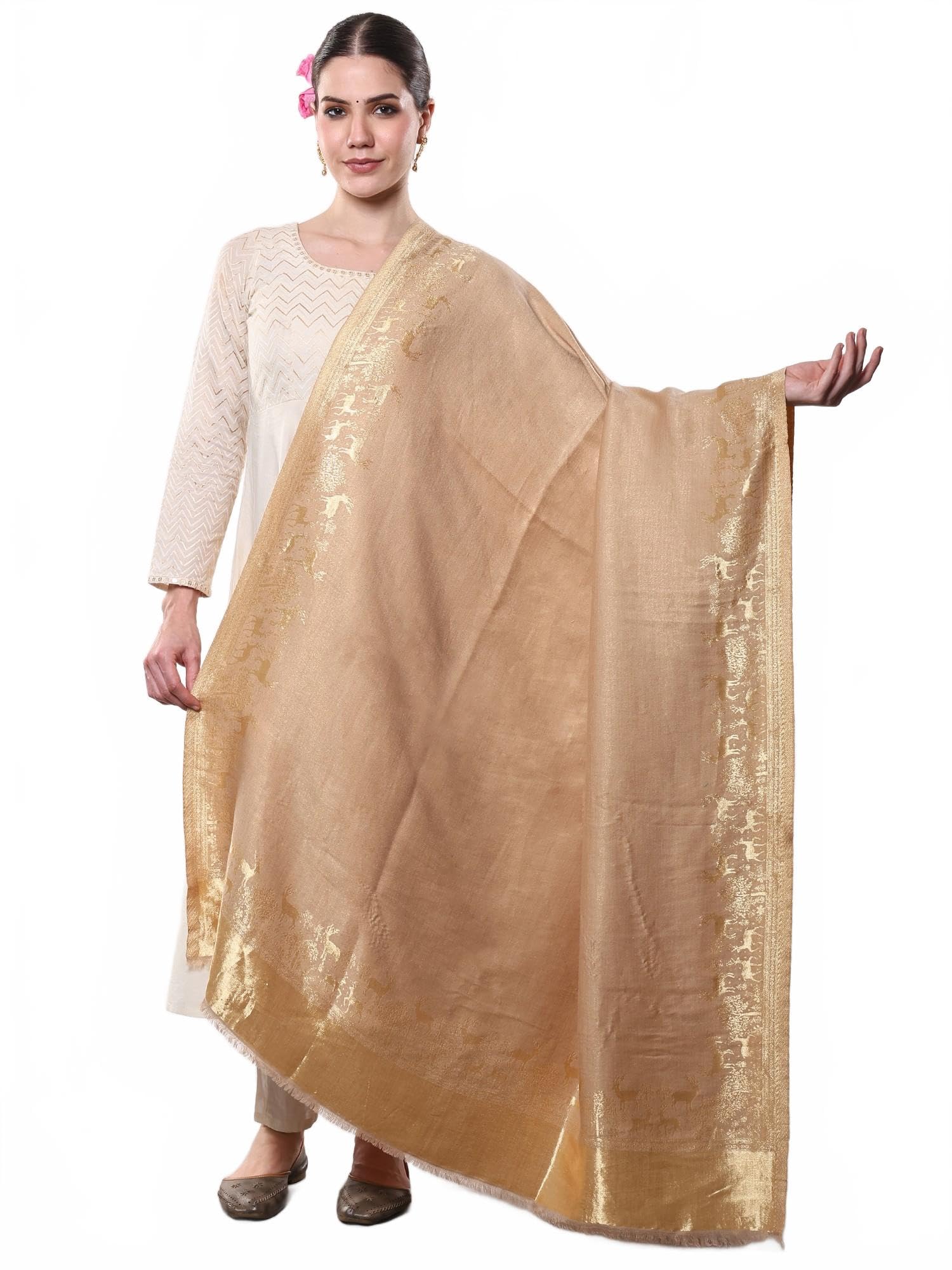 Traditional Reversible Woolen Zari Border Shawl with Deer Imagery Formal Evening Wrap for Women's-image-38
