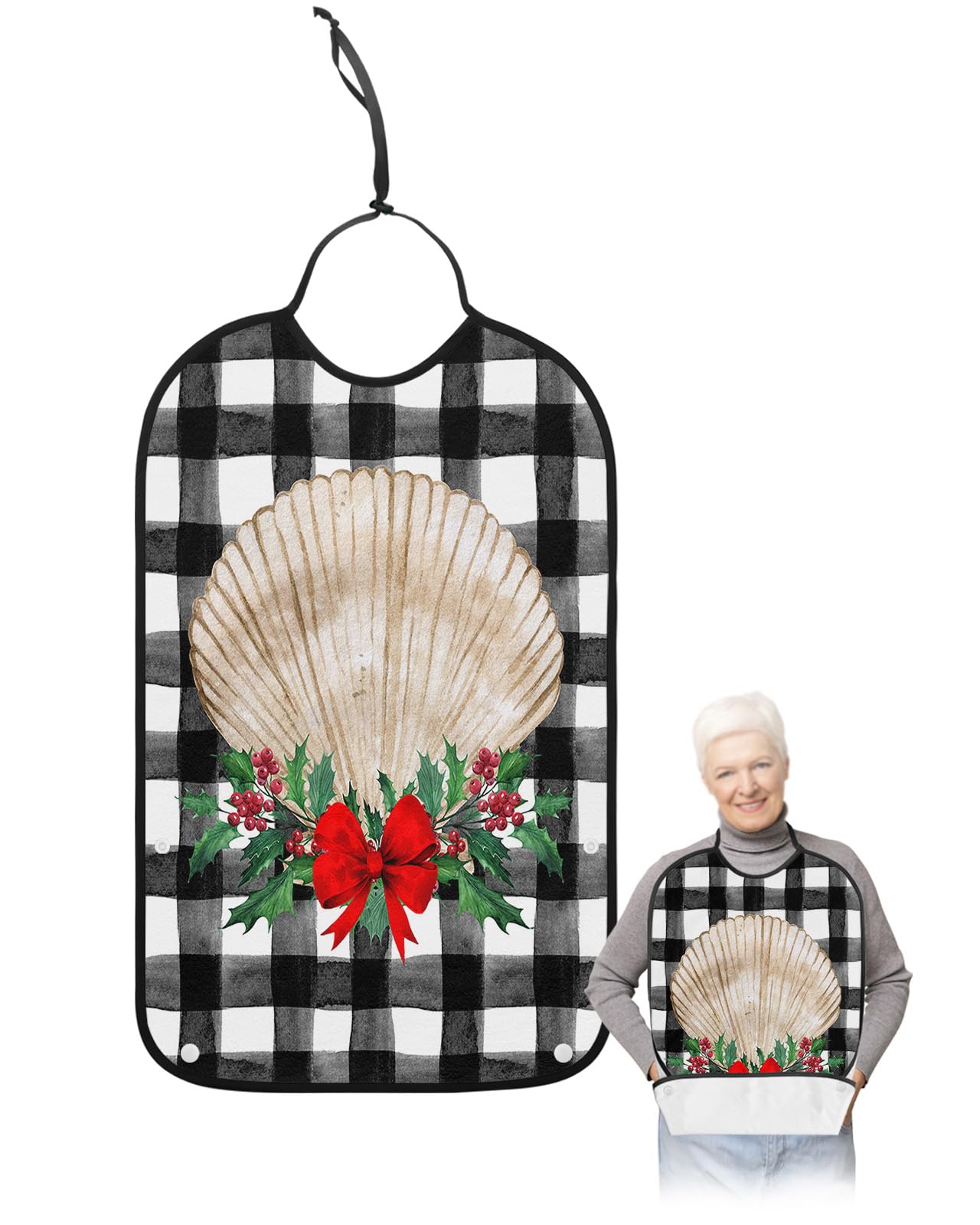 Christmas Adult Bibs for Eating, Waterproof Bibs with Food Catcher & Adjustable Snap Closure, Berry Botanical Red Bow Knot Shell Black Plaid Clothing Protectors Adult Bibs for Elderly Women/Men