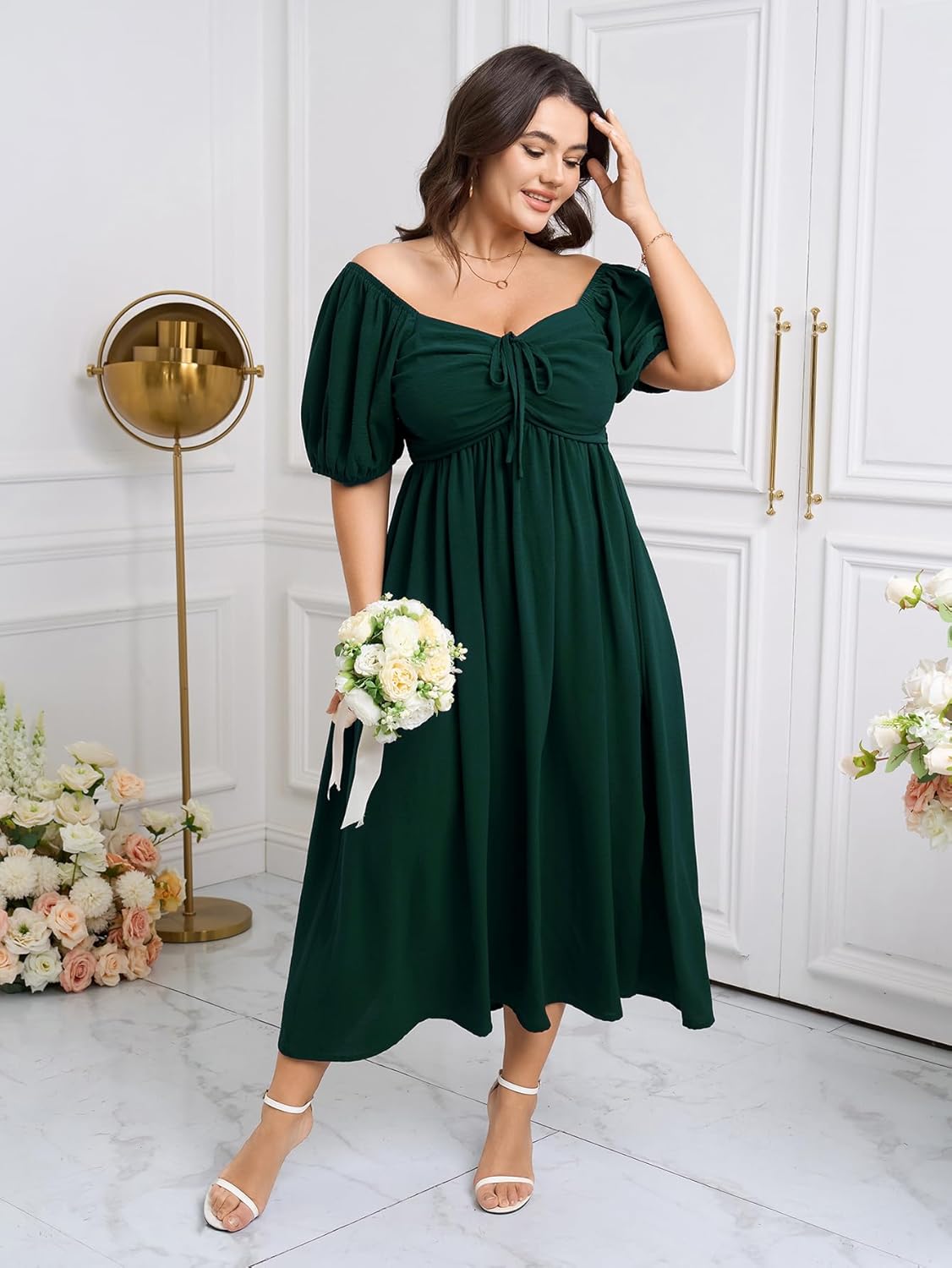 SCOMCHIC Plus Size Sweetheart Neckline Maxi Dress Formal Wedding Guest Short Puff Sleeve Cocktail Smocked A-Line Dresses - Image 4