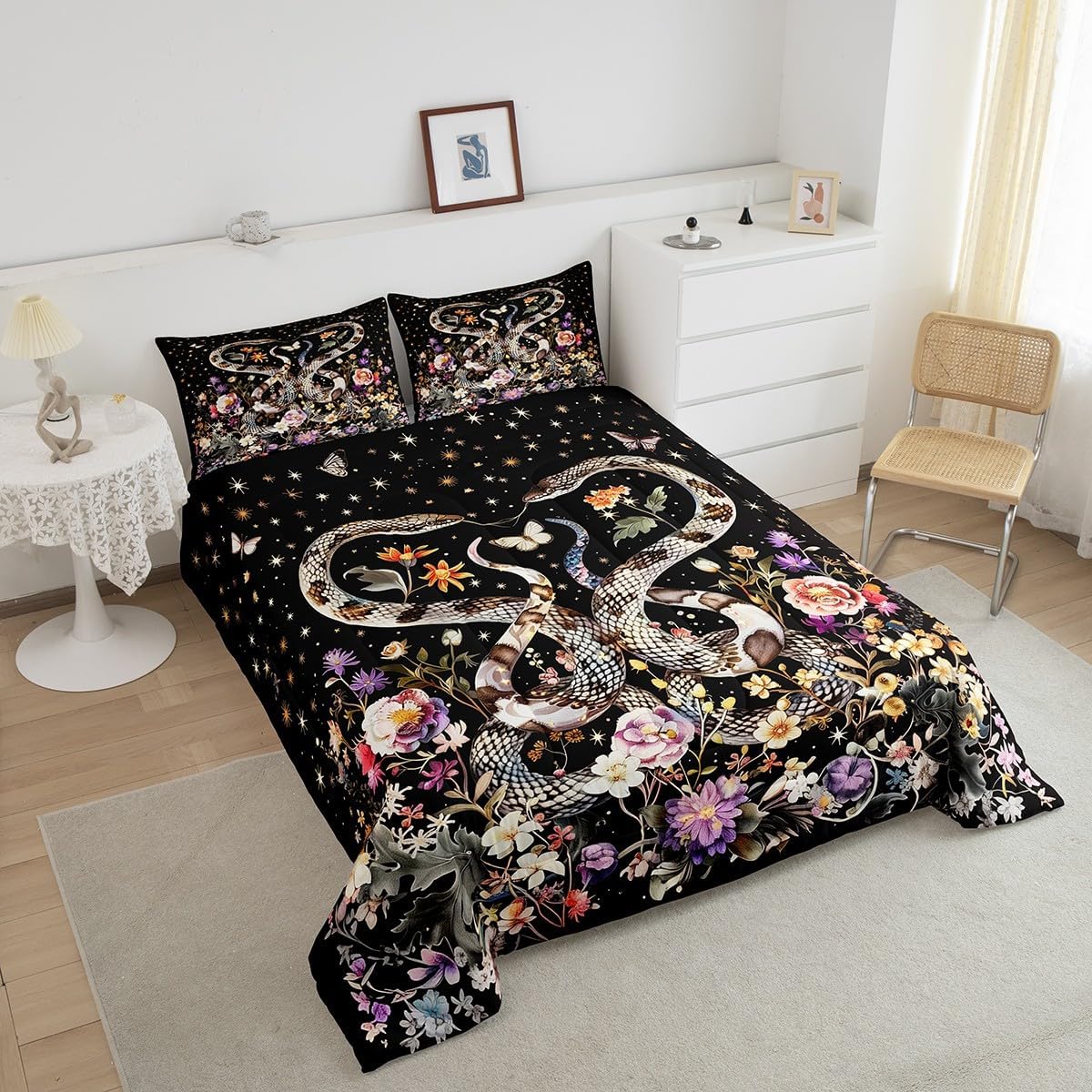 Exotic Snake Comforter Twin for Kids Adults Youth,Bohemian Flowers Leaves Rustic Farmhouse Style Quilt Comforter,Watercolor Galaxy Sky Jungle Wildlife Quilted Duvet Duvet Insert,1 Pillowcase