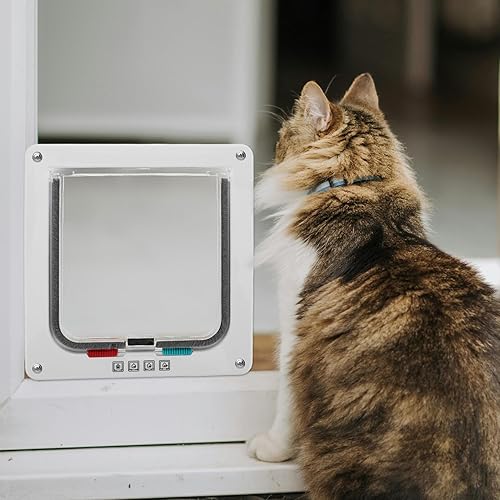 Miniatura 6 de Puerta de gato con cerradura para puertas interiores con sistema de bloqueo seguro ajustable, solapa interior para mascotas para gatos y mascotas