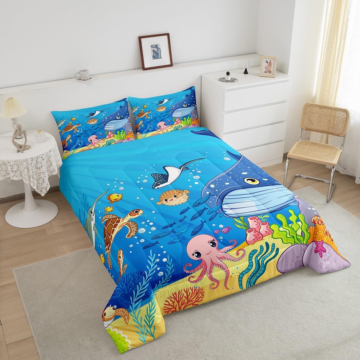 Marine Animals Comforter Set Queen,Shark Octopus Turtle Coral Bedding Set,Underwater World Cartoon Quilt Set 3 Pcs for Kids Teens Adults Room Decor,Sea Blue Duvet Insert with 2 Pillowcases
