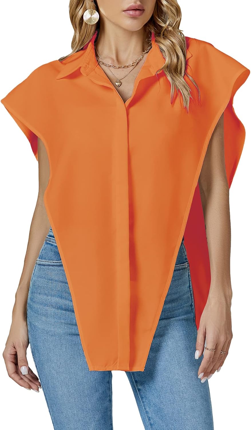 Umenlele Women's Collar Button Down Oversize Blouse Loose Side Open Tank Top