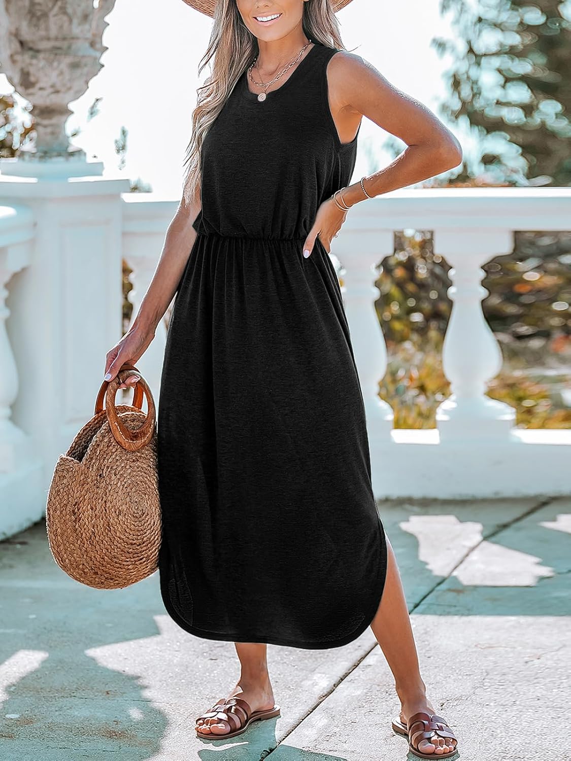 CUPSHE Women Knit Summer Dress Cover Up Crew Neck Elastic Waist Side Slit Midi Casual Sundress Beach Cover Up Dresses - Image 6
