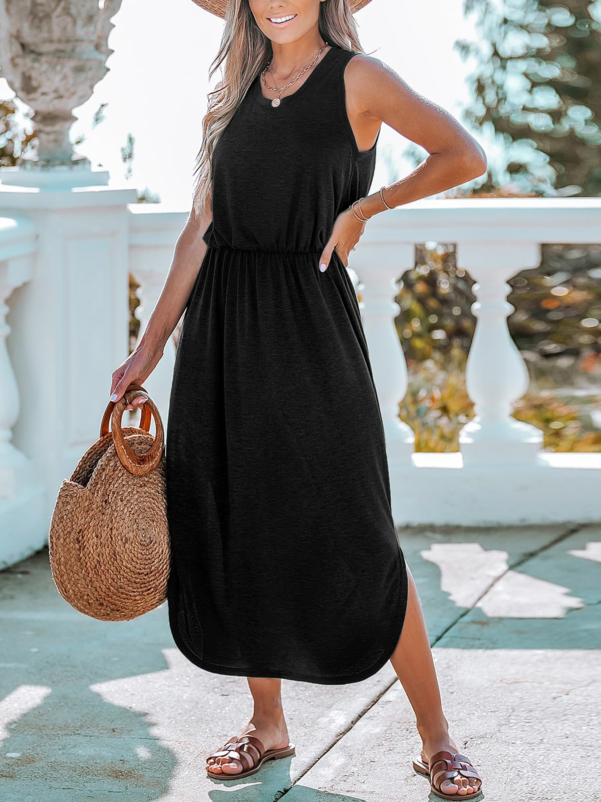 CUPSHE Abito da donna in maglia stretta in vita con spacco laterale orlo asimmetrico abiti senza maniche girocollo maxi abito