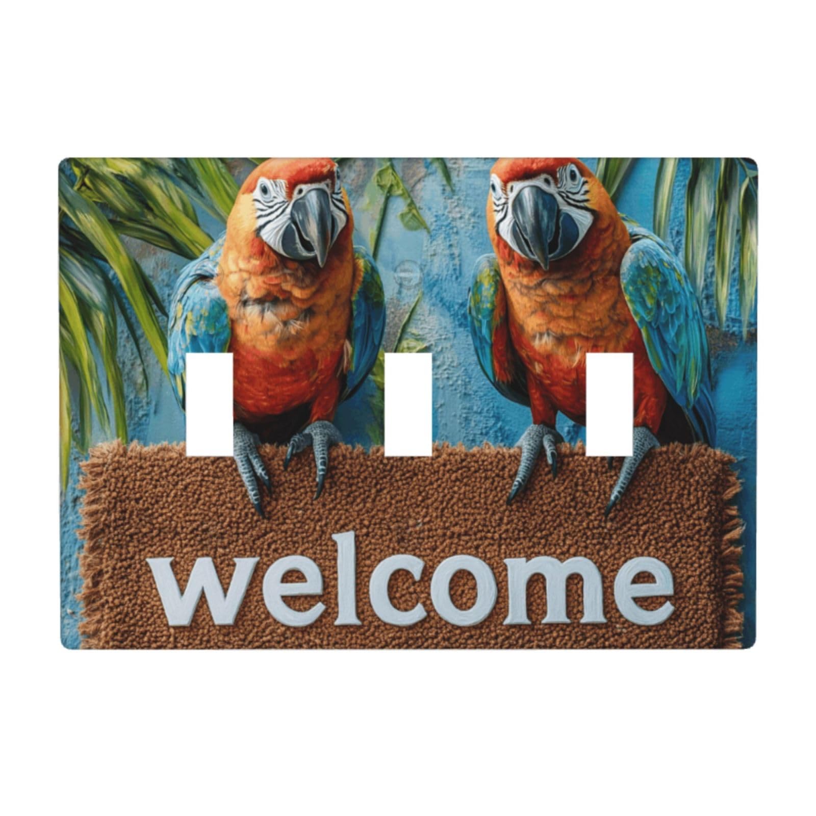 Woshuwo White Two Beautiful Parrots Welcome Light Switch Covers 3 Gang Triple Toggle Wall Plate Switchplate Electrical Faceplate For Bathroom Kitchen Bedroom Decor