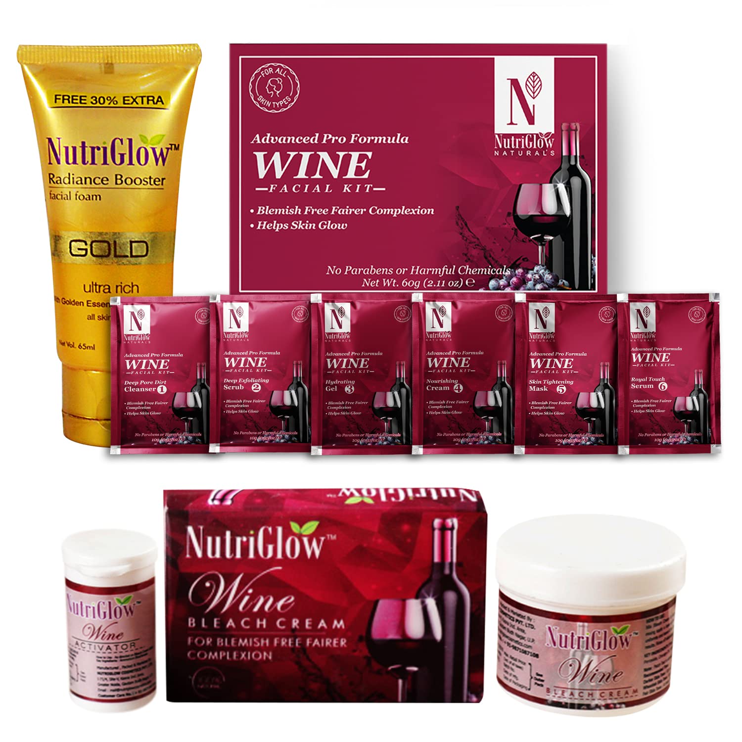 NutriGlow NATURAL'S Advanced Pro Formula Wine Facial Kit (60gm) Wine Bleach (43gm) & Gold Radiance Booster Foam Face wash (65ml) For Glowing Skin, Tan Removal Treatment, Pack of 3