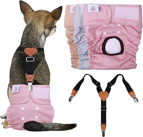 Miniatura 9 de CuteBone Pañales para perras, paquete de 3 pañales reutilizables para perras con un tirante para perros pequeños, medianos y grandes, BDD01L