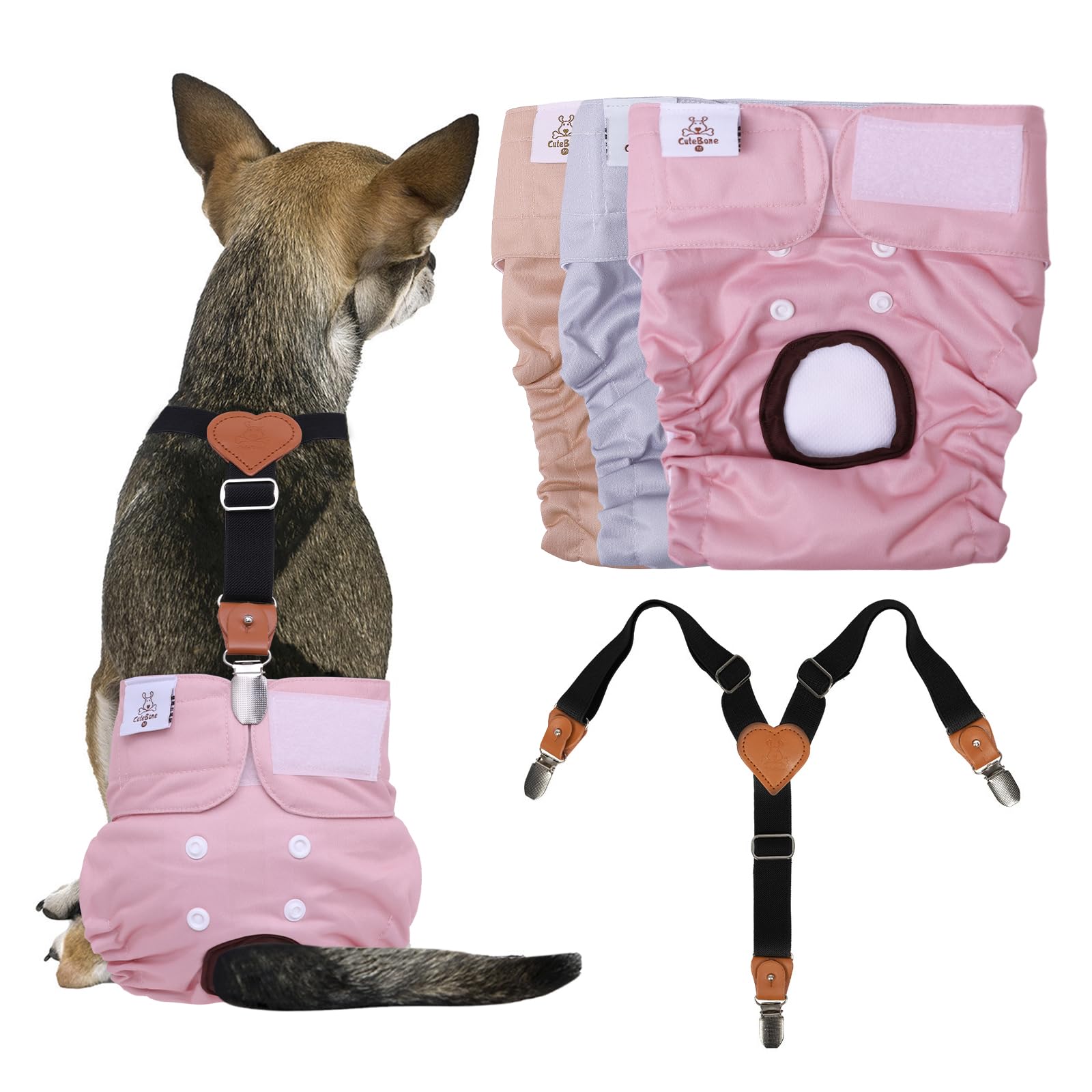 CuteBone Dog Diapers Female 3 Pack Reusable Doggy Diapers with One Suspender for Small Medium Large Dog Period BDD04L