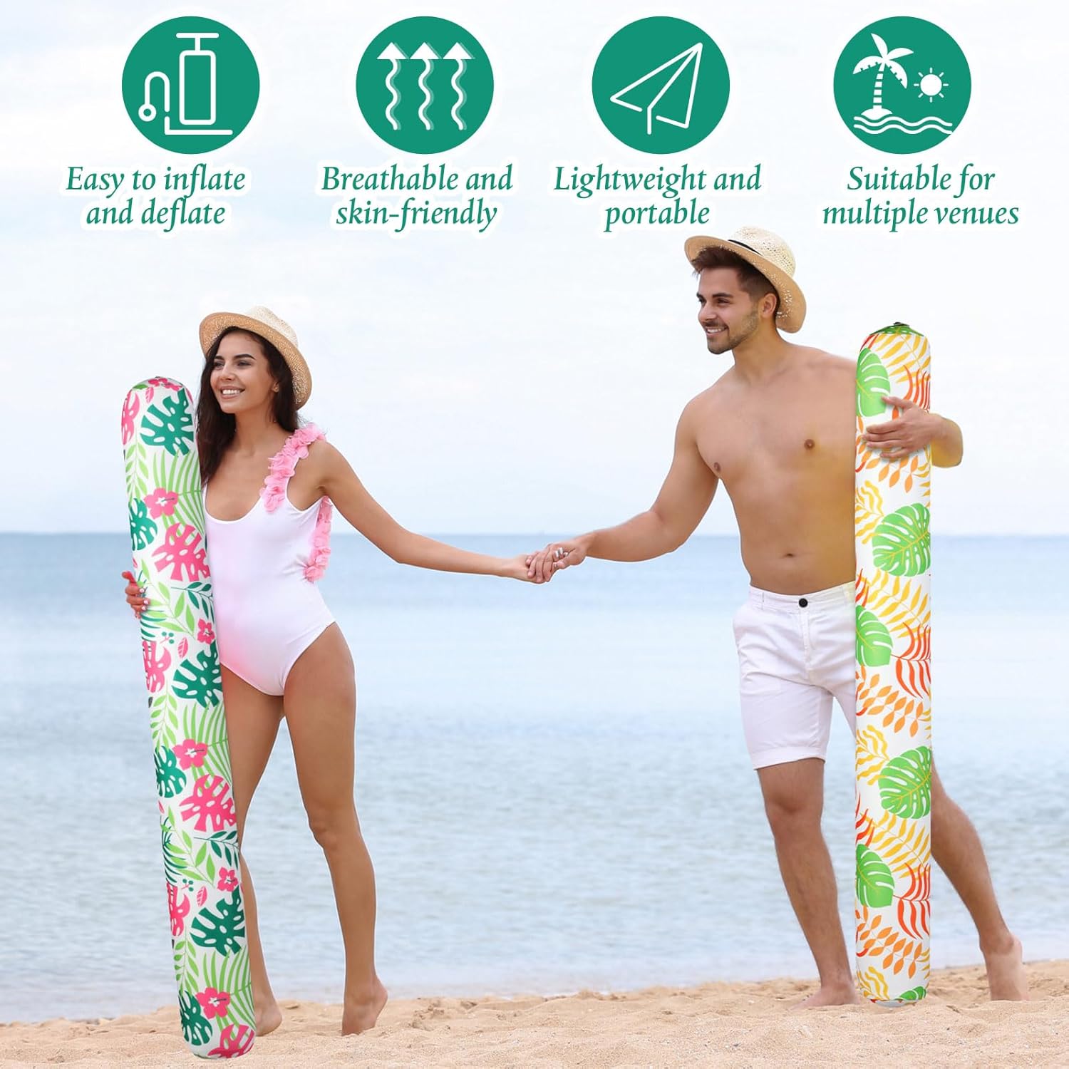 Soulchen 2 Pack Inflatable Pool Noodles Soft Fabric Covered 54'' Large Swim Noodles for Adults Hawaii Tropical Palm Leaves Premium Buoyancy for Pool Swimming Floating Beach Party Decor (Warm-Toned)