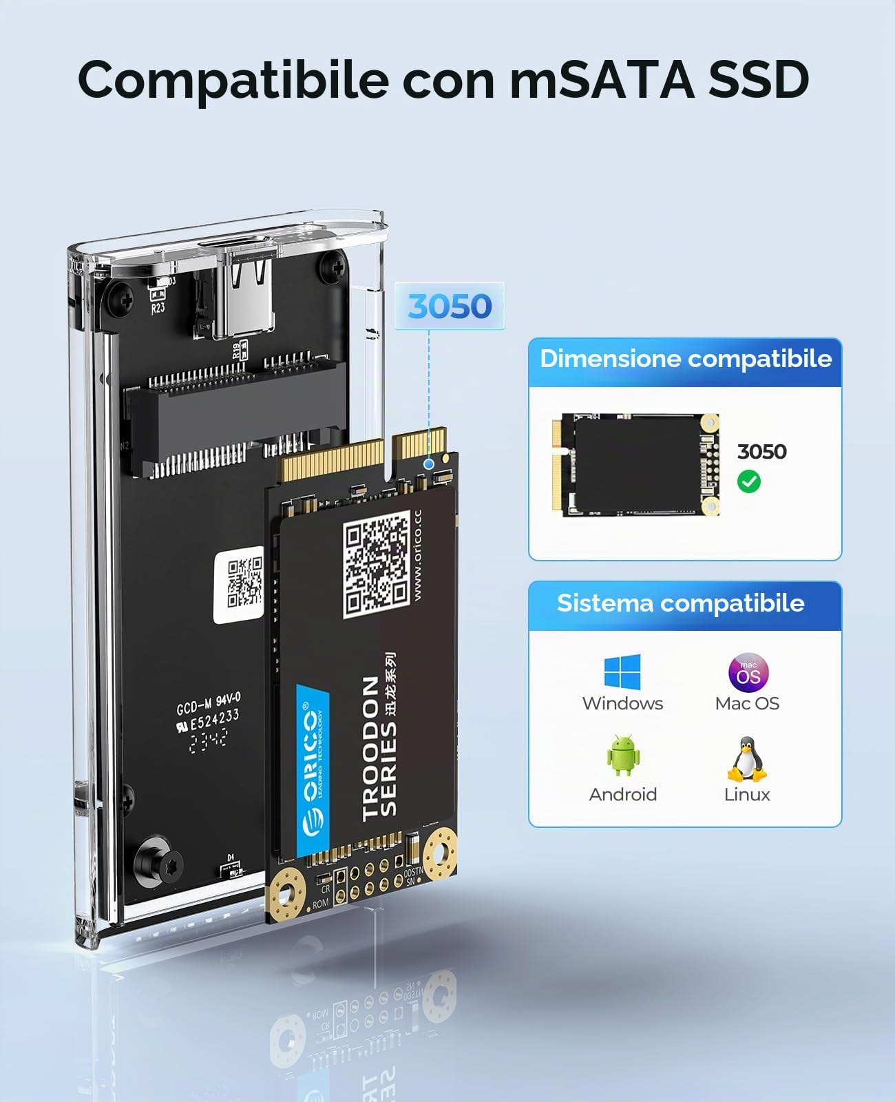 ORICO Adattatore SSD mSATA 5 Gbit/s, [Senza Attrezzi] Custodia da mSATA a USB 3.0 per 3050 SSD, con Cavo da USB, 2 TB Max-TC10