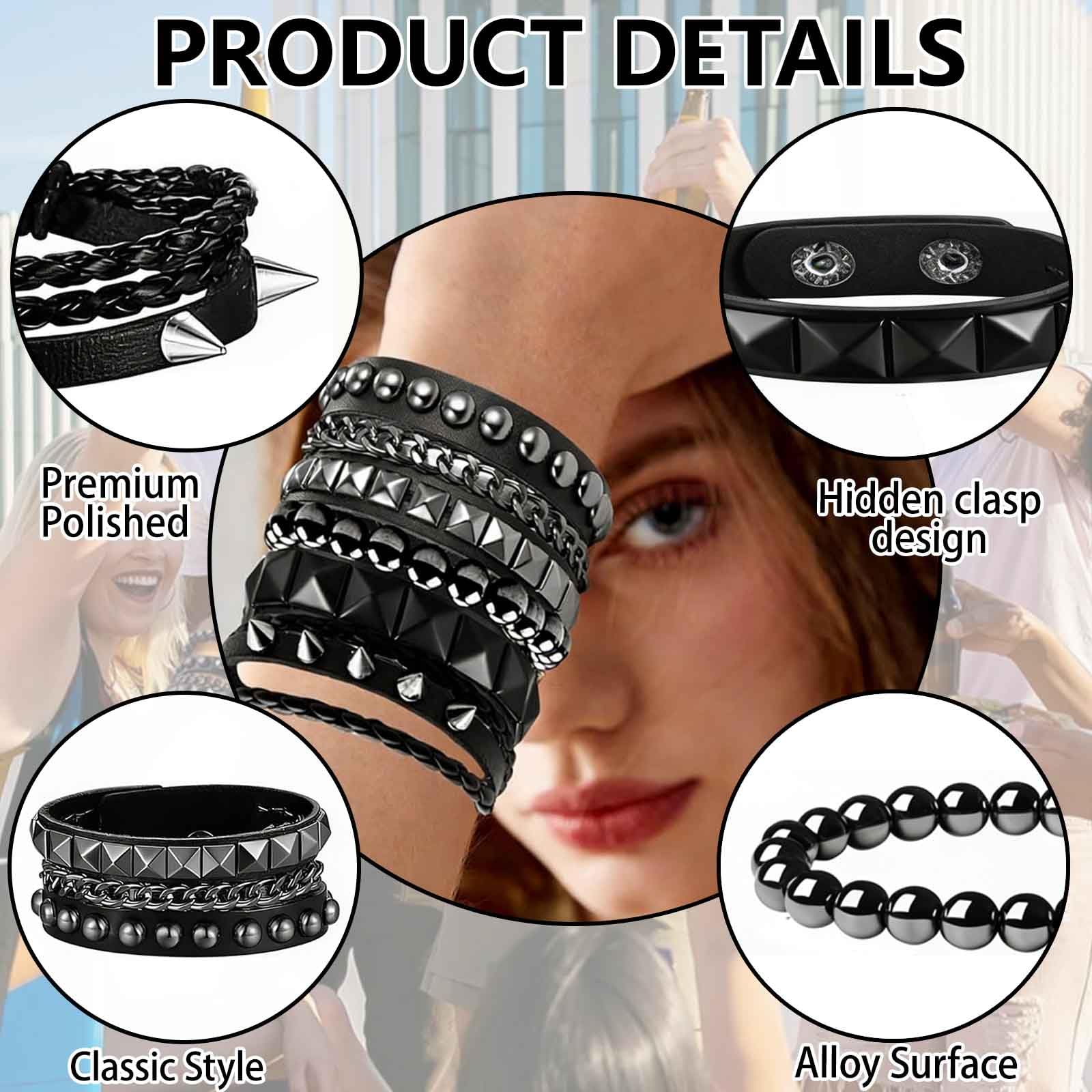 Set de Pulseras Punk Rock de Cuero para Hombres y Mujeres – 4 Pulseras Negras con Clavos Metálicos, Diseño Único para Fiestas y Regalos