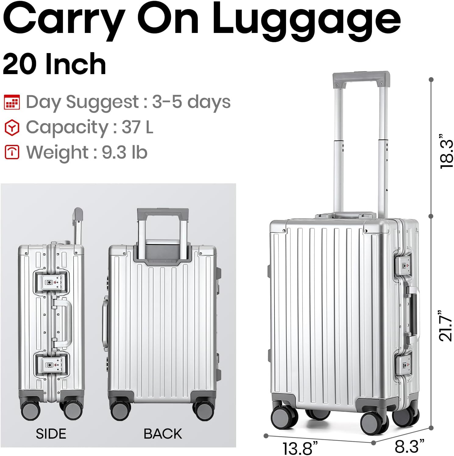 20 Inch Premium All Aluminum Carry On Luggage 22x14x9 Airline Approved Zipperless Hard Shell Suitcase with TSA Lock Silent Spinner Wheels for Business Travel,Silver