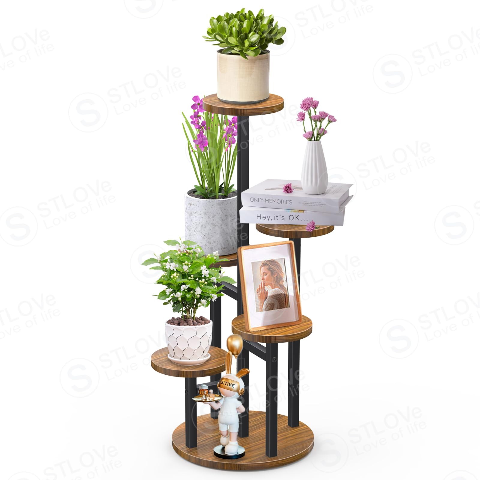 STLOVe Plant Stand Indoor, 6 Tire 7 Potted Wood Metal Corner Plant Stand for Indoor Multiple Plants, Planter Pot Holder Flower Stand for Living Room Balcony Corner Patio Garden