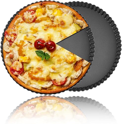 MEICHU Juego de 2 sartenes para tartas de 9 pulgadas, moldes para quiche, antiadherentes con fondo extraíble, herramientas reutilizables de acero al