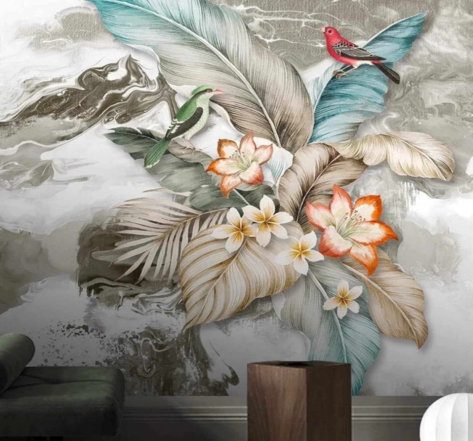 Abstract Hand Drawn Plants Leaves Birds 3D Wallpaper Easy Install Feature Office Living Room Sofa Bedroom TV Background Wall Decoration-350cm×256cm
