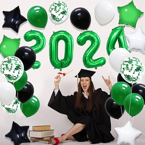 Miniatura 5 de KAXIXI Decoraciones de graduación de clase de 2024, suministros de fiesta de Nochevieja 2024, globos de fiesta verde y negro 2024 para graduación,