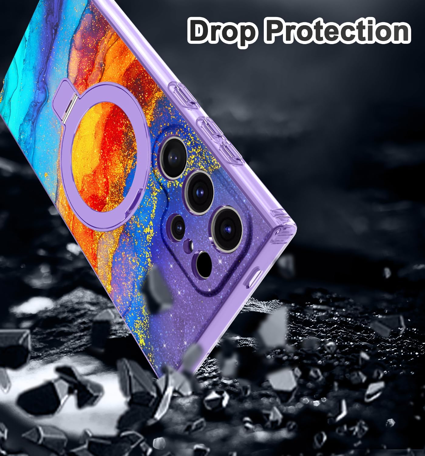 Magnetic for Samsung Galaxy S24 Ultra Case with Invisible Ring Stand [Compatible with MagSafe], Full Body Rugged Slim Women Men Girl Shockproof Marble Pattern Design Case,Orange/Blue