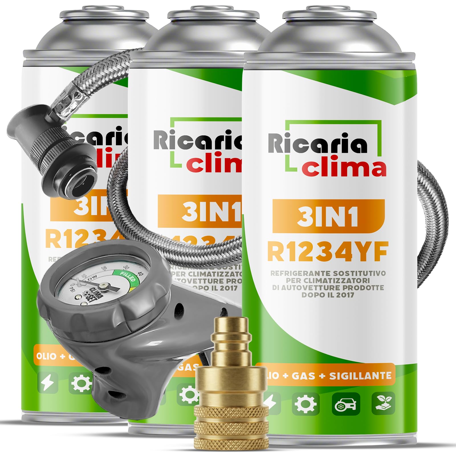 3in1 R1234yf Napełnianie Klimatyzacji – 3x 235 g z Wężem do Napełniania i Adapterem YF – Klimatyzacja Samochodowa – Gaz R1234yf 3in1 – Kartusz Gazu – ECO