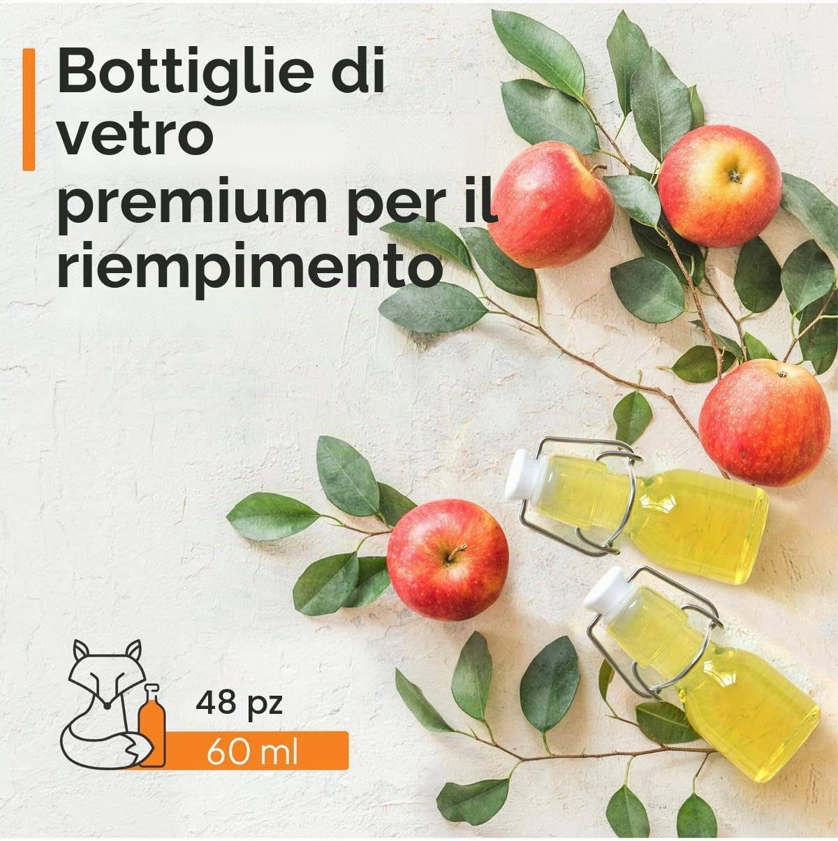 Set di 48 Bottiglie in Vetro da 60ml con Chiusura Ermetica - Bottiglia per Olio, Vino, Liquori, Acqua, Birra, Succhi di Frutta, Conserve e Latte - Bottigliette di Vetro piccole