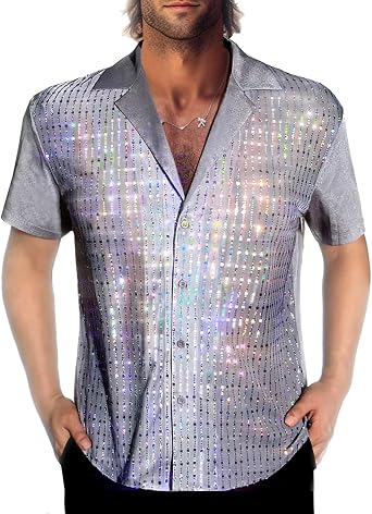 Mens Mesh Sequins See Through 70s Disco Long Sleeve Button Down Shirts