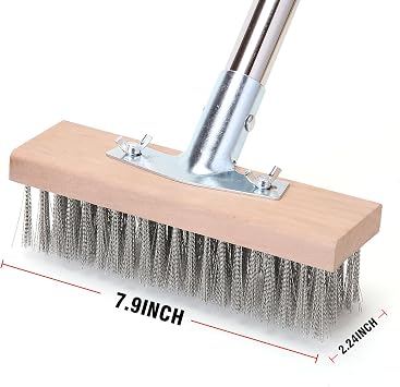 MAXMAN Stainless Steel Wire Scrub Brush with Long Handle, 63 Heavy Duty Large Wire Brush, Stiff Metal Bristle Floor Scrubber, Outdoor Patio Cleaning, Wire Broom for Deck, Concrete, Moss Removal