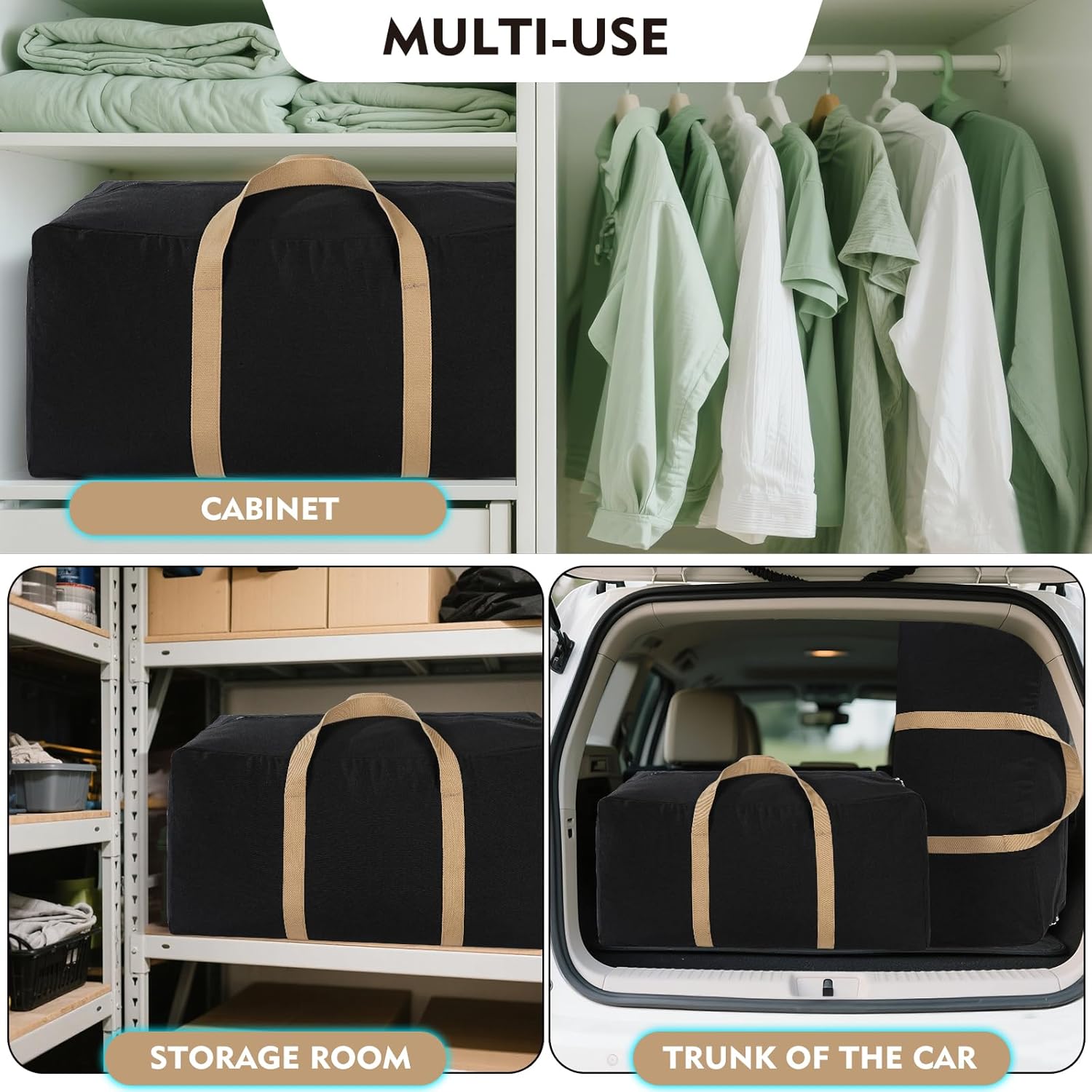 Canvas Storage Duffle Bag, Large Capacity Moving Bag with Tan Handles, Washable and Reusable (1, BLACK, 31''x15''x15'') - Image 3