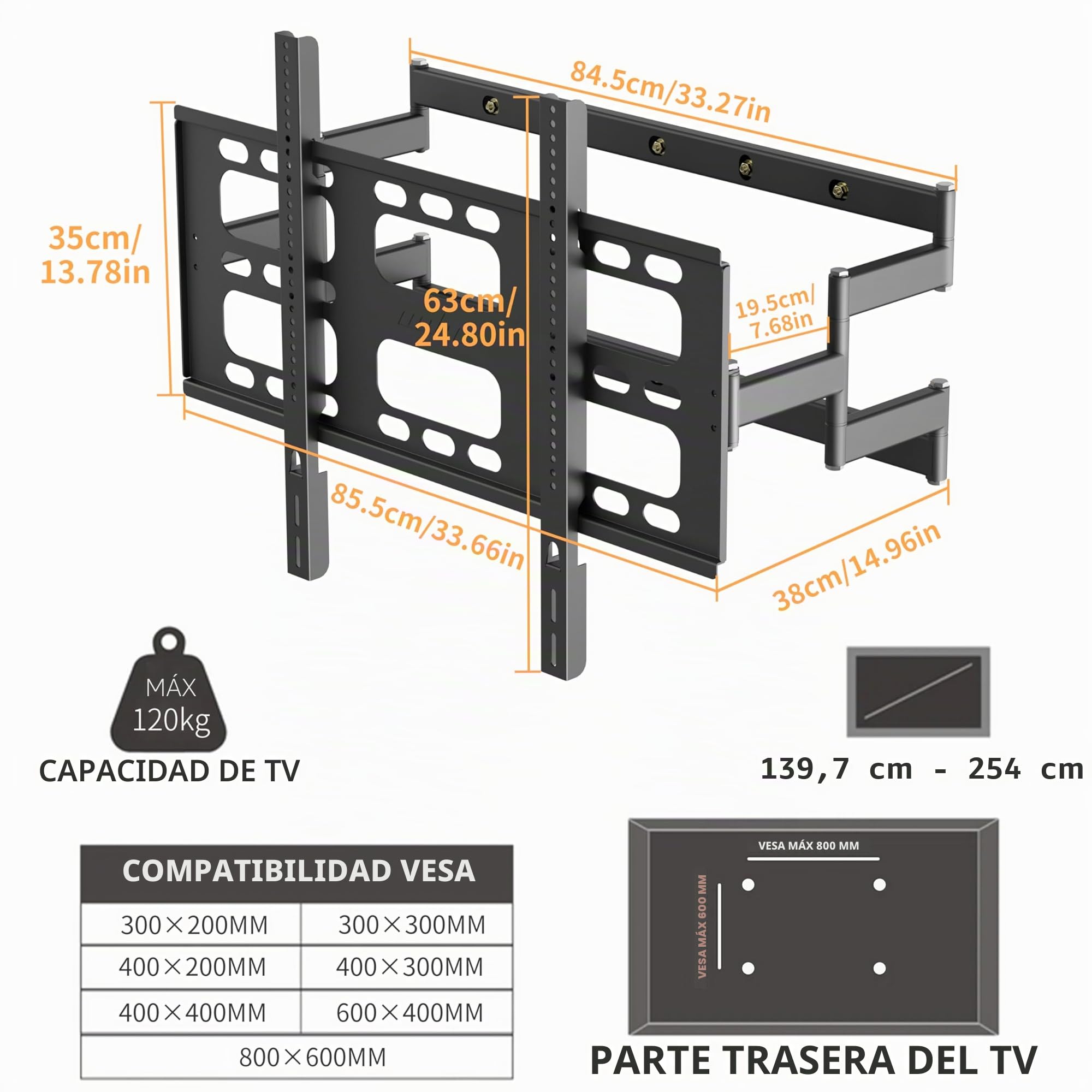 UNHO Soporte TV Pared Extensible 55-100 Pulgadas | Doble Brazo Extensible y Giratorio de Acero Aleado Giro lateral 30°, Carga Máxima 120 kg, VESA 200x200 - 800x600 mm