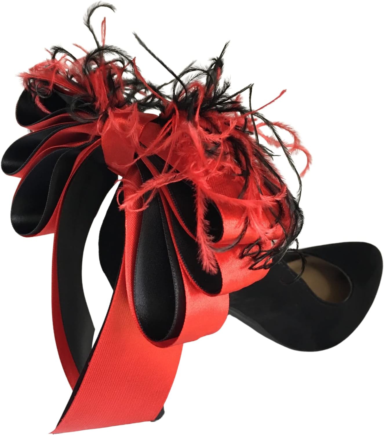 Detachable Red and Black Satin Bow and Feather Shoe Clips. Set of two