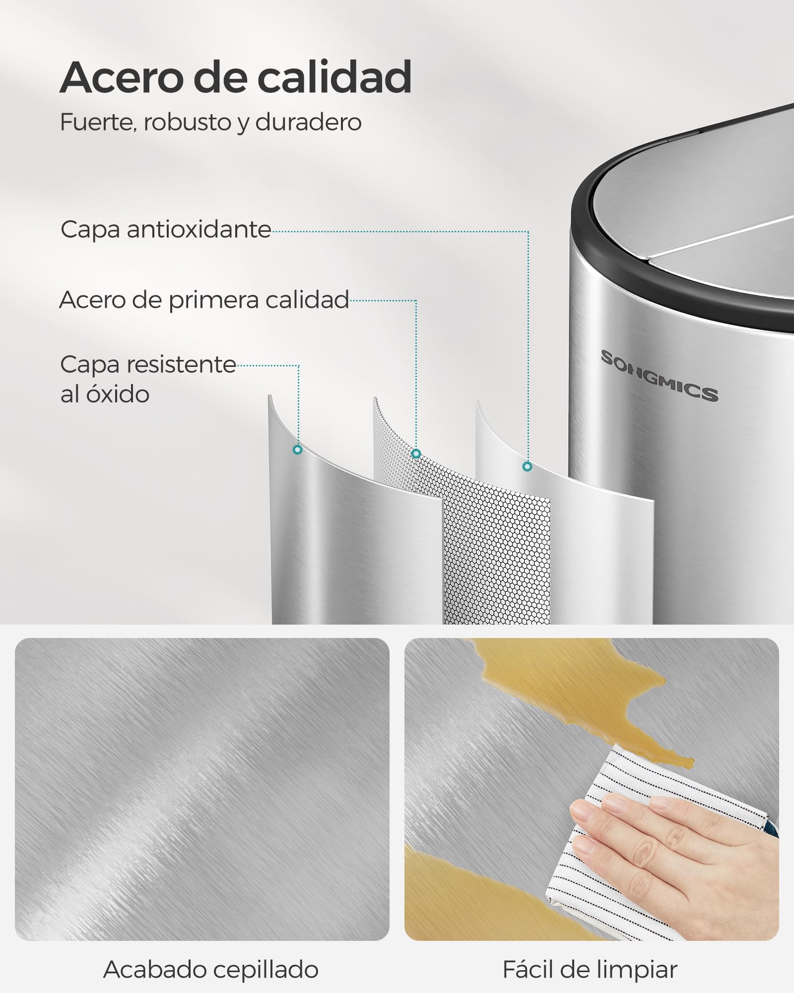 SONGMICS Cubo de cocina doble, 30 L y 20 L, doble compartimento, contenedor delgado para reciclaje y residuos, cubo de pedal con tapas de ala, plateado metálico LTB570E50