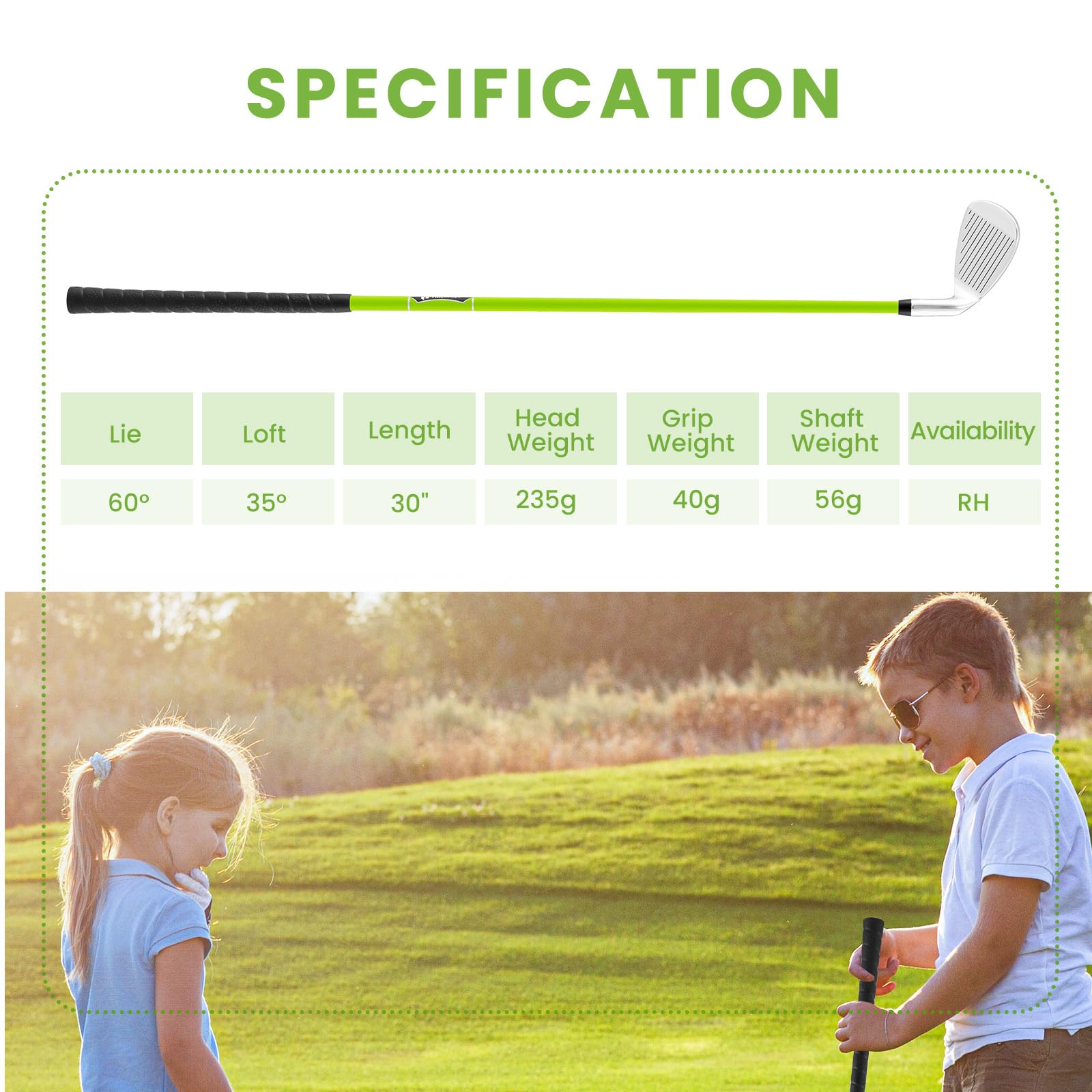 LIFEZEAL Golf Club per Bambini Ferro #7, Golf Club Singola per Ragazzi e Ragazze, con Grande Dolce Spot, Manico in Fibra di Vetro per Destro, Copriclub per 8-10 Anni