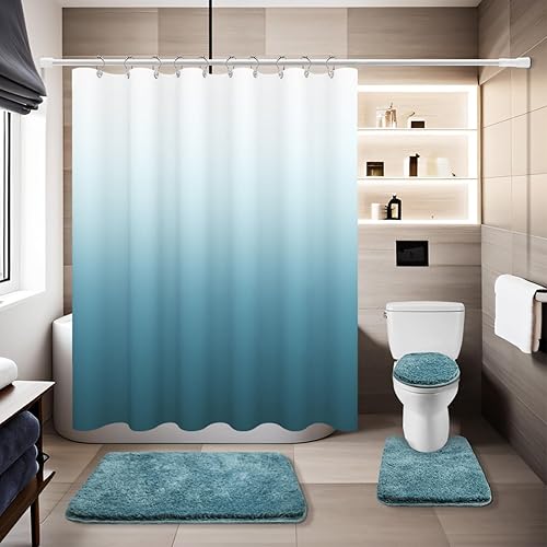 Navy Blue Bathroom Sets with Shower Curtain and Memory Foam Bathroom Rugs and Non Slip U Shaped Toilet Rugs Shower Curtain Set 4 Piece for Perfect