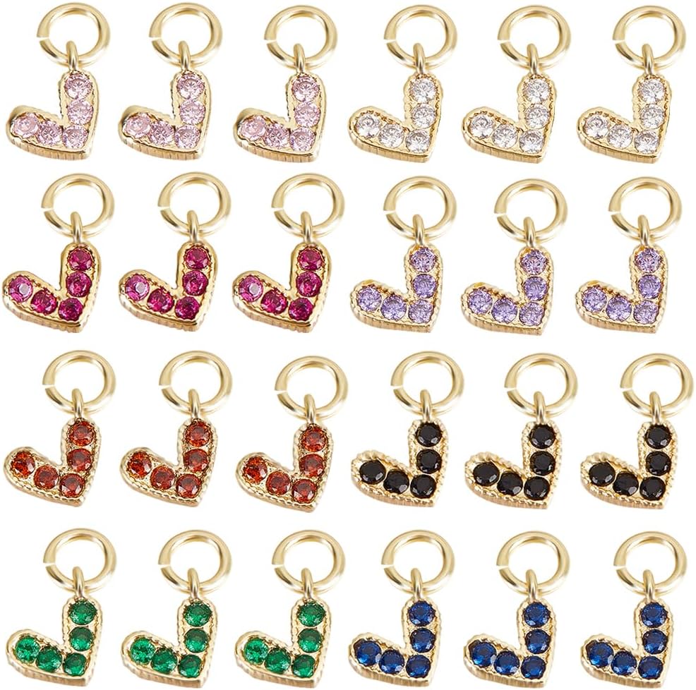 Beebeecraft 1 Box 24Pcs Mini Love Heart Charms 18K Gold Plated Dangle Cubic Zirconia Pendant Charms Craft Supplies for DIY Jewelry Making