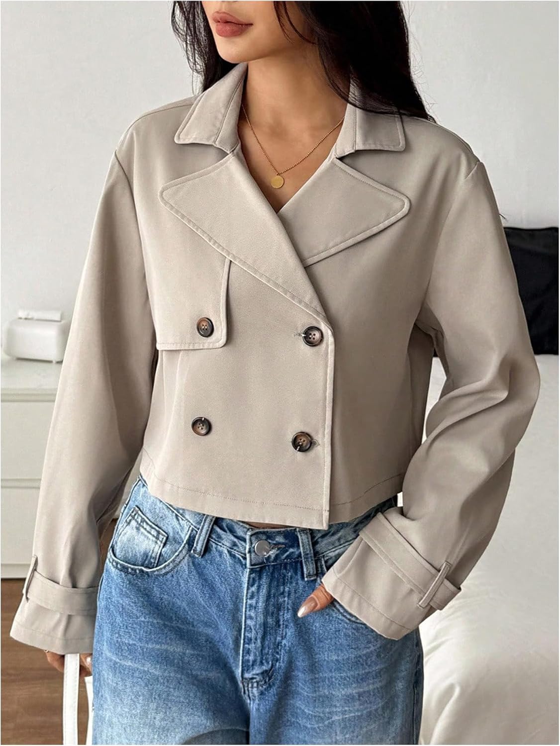 GORGLITTER Women's Cropped Trench Coat Lapel Button Down Long Sleeve Casual Jacket Outwear Fall Outfits 2025 - Image 5