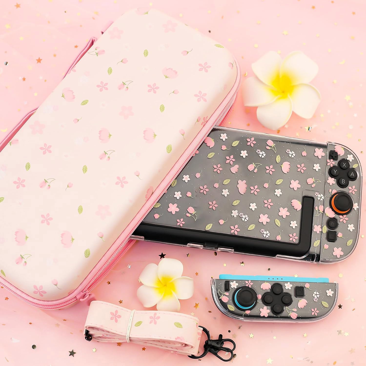 RHOTALL Custodia da trasporto rosa con fiori di ciliegio per Nintendo Switch 2, custodia protettiva da viaggio Sakura, custodia trasparente glitterata con fiore agganciabile per Switch 2, pellicola