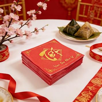 KYMY Vietnamese New Year Napkins, 100pcs 2026 Disposable Paper Napkins for Tet Viet Nam Decor, Asian Vietnam Lunar New Year Party Decorations, Khan an nam moi Viet Nam